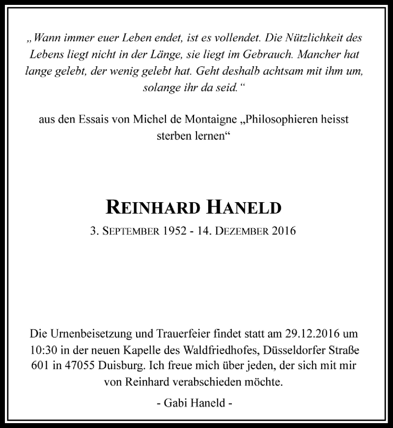  Traueranzeige für Reinhard Haneld vom 23.12.2016 aus Rheinische Post