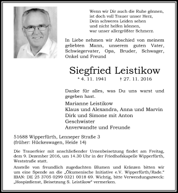 Traueranzeige von Siegfried Leistikow von Rheinische Post