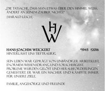 Alle Traueranzeigen für HansJoachim Weickert