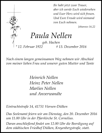 Traueranzeige von Paula Nellen von Rheinische Post