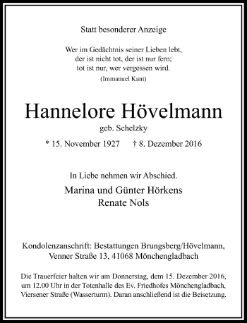 Traueranzeige von Hannelore Hövelmann von Rheinische Post