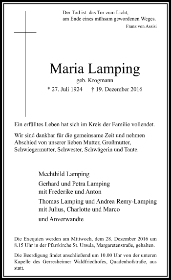 Traueranzeige von Maria Lamping von Rheinische Post