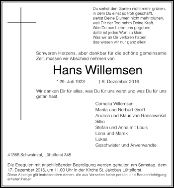 Traueranzeige von Hans Willemsen von Rheinische Post
