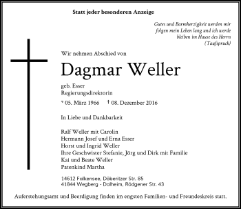 Traueranzeige von Dagmar Weller von Rheinische Post