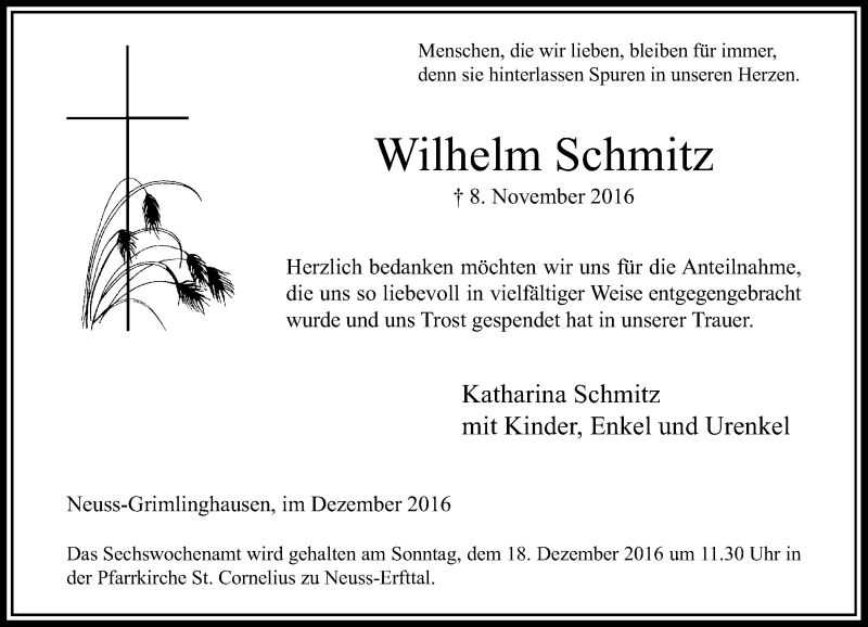  Traueranzeige für Wilhelm Schmitz vom 10.12.2016 aus Rheinische Post