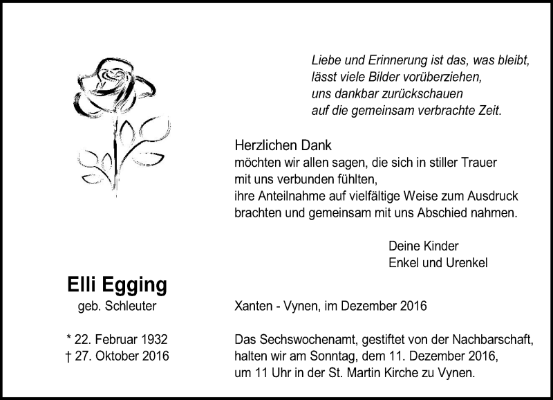  Traueranzeige für Elli Egging vom 07.12.2016 aus Rheinische Post