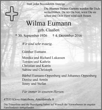 Traueranzeige von Wilma Eumann von Rheinische Post