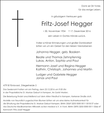 Traueranzeige von Fritz-Josef Hegger von Rheinische Post