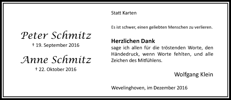  Traueranzeige für Peter und Anne Schmitz vom 03.12.2016 aus Rheinische Post