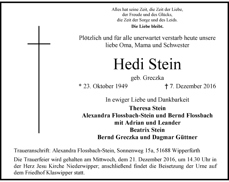  Traueranzeige für Hedi Stein vom 15.12.2016 aus Rheinische Post
