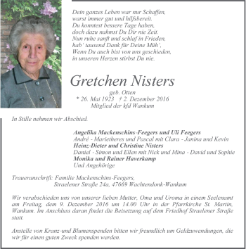 Traueranzeige von Gretchen Nisters von Rheinische Post