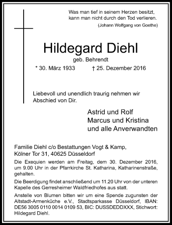 Traueranzeige von Hildegard Diehl von Rheinische Post