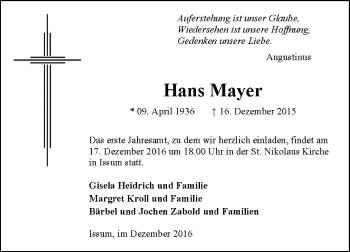 Traueranzeige von Hans Mayer von Rheinische Post