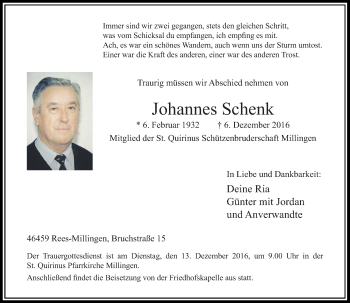 Traueranzeige von Johannes Schenk von Rheinische Post