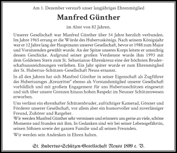 Traueranzeige von Manfred Günther von Rheinische Post