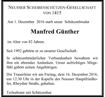 Traueranzeige von Manfred Günther von Rheinische Post