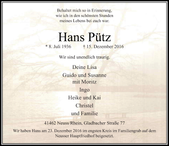 Traueranzeige von Hans Pütz von Rheinische Post