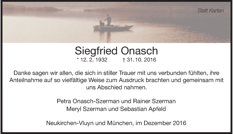  Traueranzeige für Siegfried Onasch vom 03.12.2016 aus Rheinische Post