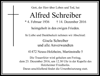 Traueranzeige von Alfred Schreiber von Rheinische Post