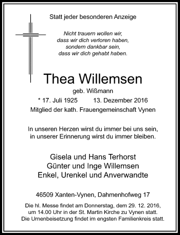 Traueranzeige von Thea Willemsen von Rheinische Post