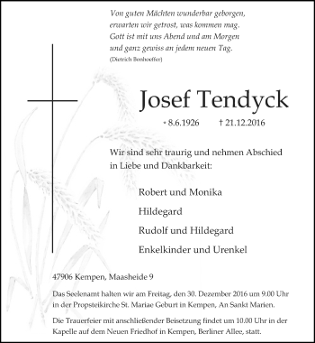 Traueranzeige von Josef Tendyck von Rheinische Post
