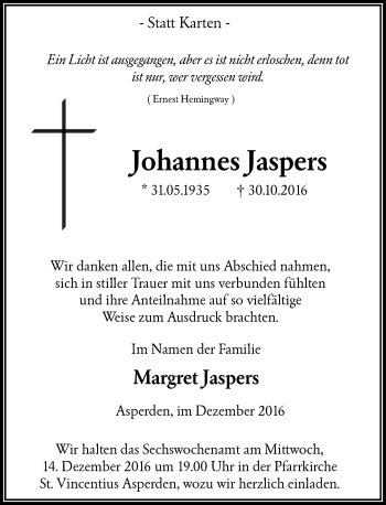 Traueranzeige von Johannes Jaspers von Rheinische Post