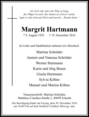 Traueranzeige von Margrit Hartmann von Rheinische Post