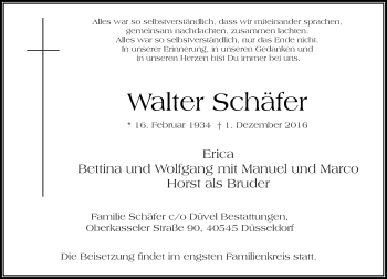 Traueranzeige von Walter Schäfer von Rheinische Post