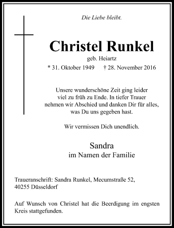 Traueranzeige von Christel Runkel von Rheinische Post