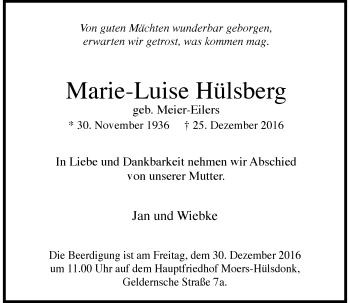 Traueranzeige von Marie-Luise Hülsberg von Rheinische Post