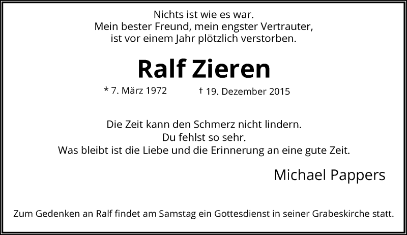 Traueranzeige für Ralf Zieren vom 14.12.2016 aus Rheinische Post