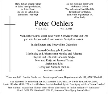 Traueranzeige von Peter Oehlers von Rheinische Post