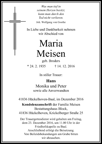 Traueranzeige von Maria Meisen von Rheinische Post