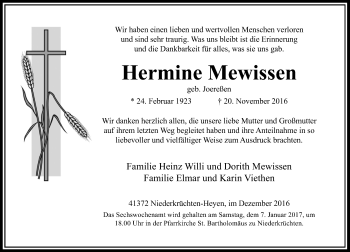 Traueranzeige von Hermine Mewissen von Rheinische Post