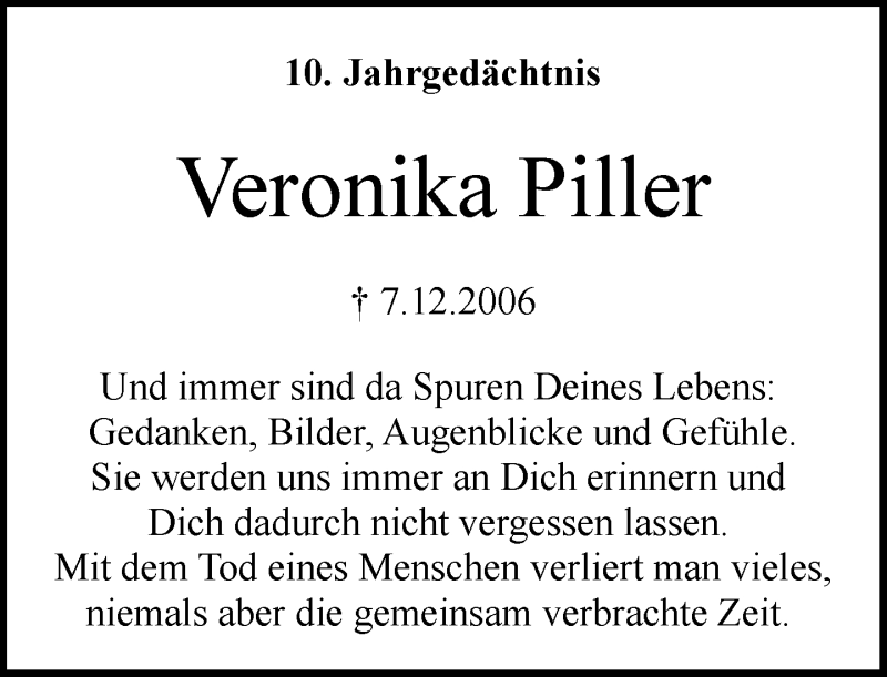 Traueranzeige für Veronika Piller vom 07.12.2016 aus Rheinische Post