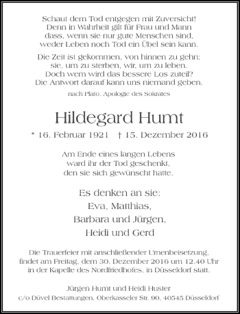 Traueranzeige von Hildegard Humt von Rheinische Post