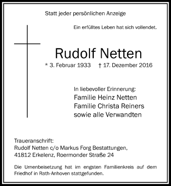 Traueranzeige von Rudolf Netten von Rheinische Post