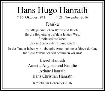 Traueranzeige von Hans Hugo Hanrath von Rheinische Post