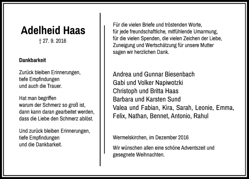  Traueranzeige für Adelheid Haas vom 14.12.2016 aus Rheinische Post