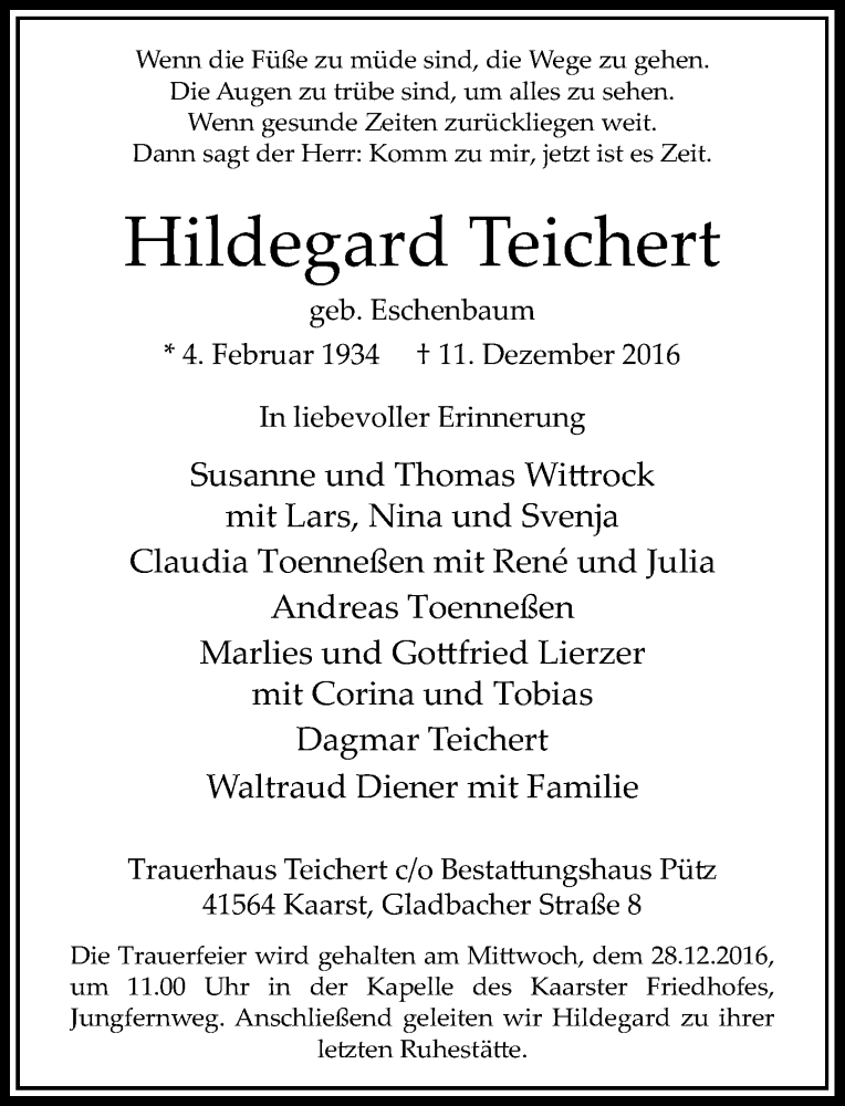  Traueranzeige für Hildegard Teichert vom 17.12.2016 aus Rheinische Post