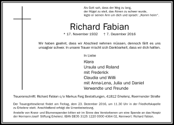 Traueranzeige von Richard Fabian von Rheinische Post