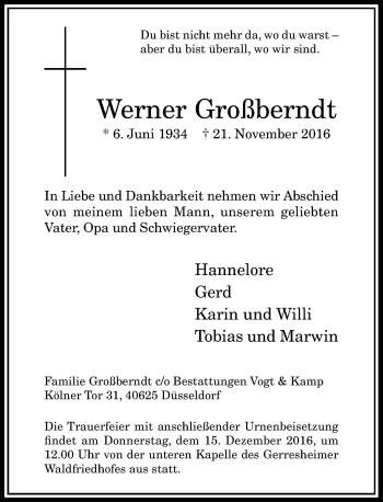 Traueranzeige von Werner Großberndt von Rheinische Post