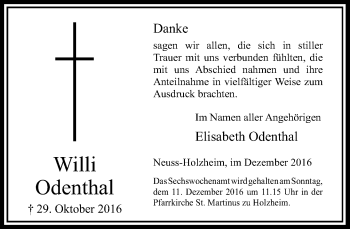 Traueranzeige von Willi Odenthal von Rheinische Post