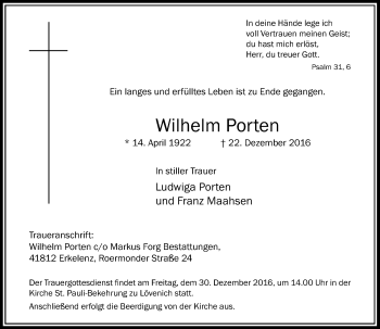 Traueranzeige von Wilhelm Porten von Rheinische Post