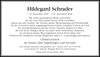 Traueranzeige von Hildegard Schrader von Rheinische Post