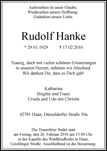 Traueranzeige von Rudolf Hanke von Rheinische Post