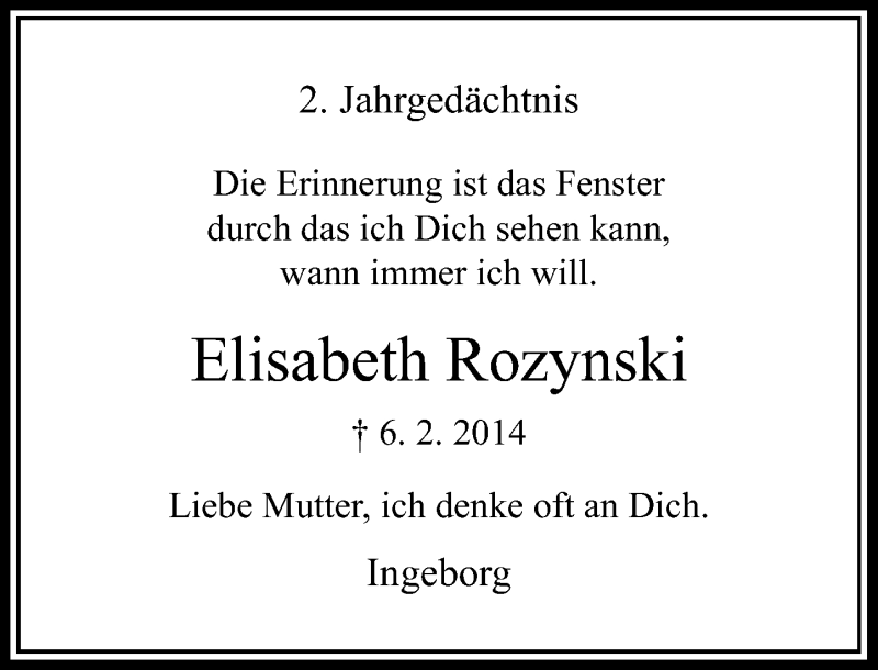  Traueranzeige für Elisabeth Rozynski vom 06.02.2016 aus Rheinische Post
