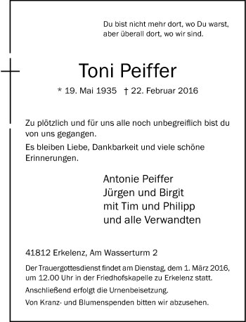 Traueranzeige von Toni Peiffer von Rheinische Post