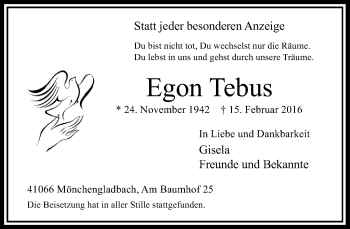 Traueranzeige von Egon Tebus von Rheinische Post