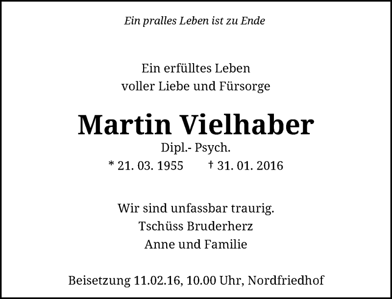  Traueranzeige für Martin Vielhaber vom 10.02.2016 aus Rheinische Post
